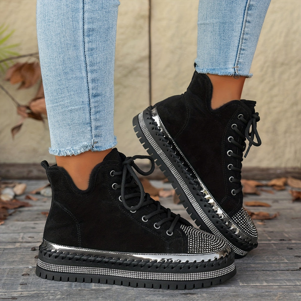 Botas de Inverno com Plataforma Grossa, Decoradas com Strass e Cadarço para Mulheres - Botins Cano Curto em Fleece, Sola Espessa de Borracha Redonda na Ponta, Brilhantes Bota de Neve para Natal, Ano Novo & Clima Frio (Preta) - Estilo Moda Coreana