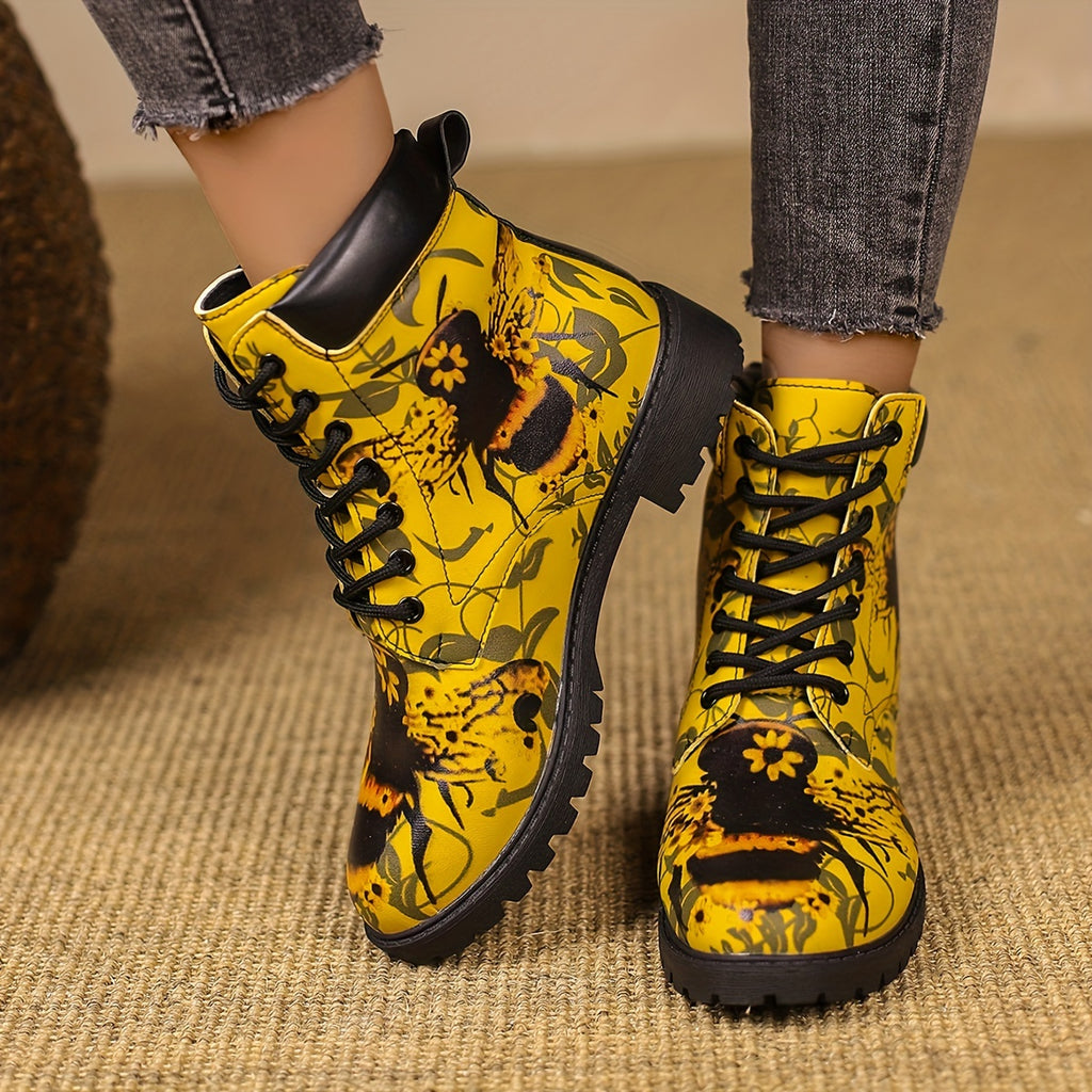 Botas curtas com estampado de abelha na moda para mulheres, botas de tornozelo com atacadores na moda, botas confortáveis para mulheres