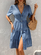 Vestido de ganga 25AW+ Elements para mulheres, saia de bolo de temperamento elegante de comprimento médio, cor sólida, detalhe de botão, comprimento médio, tecido de ganga elástico, com, para primavera/verão