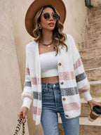 Jaqueta Estilo Francês com Botões Frontais e Listras Horizontais - Blusa de Caimento Relaxado para Outono/Inverno, Casaco Casual e Elegante (Não-)