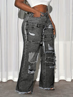 Jeans Elegantes de Corte Solto para Mulher | Ganga Desbotada e Desgastada, Tecido Elástico, Estilo Casual para Todas as Estações