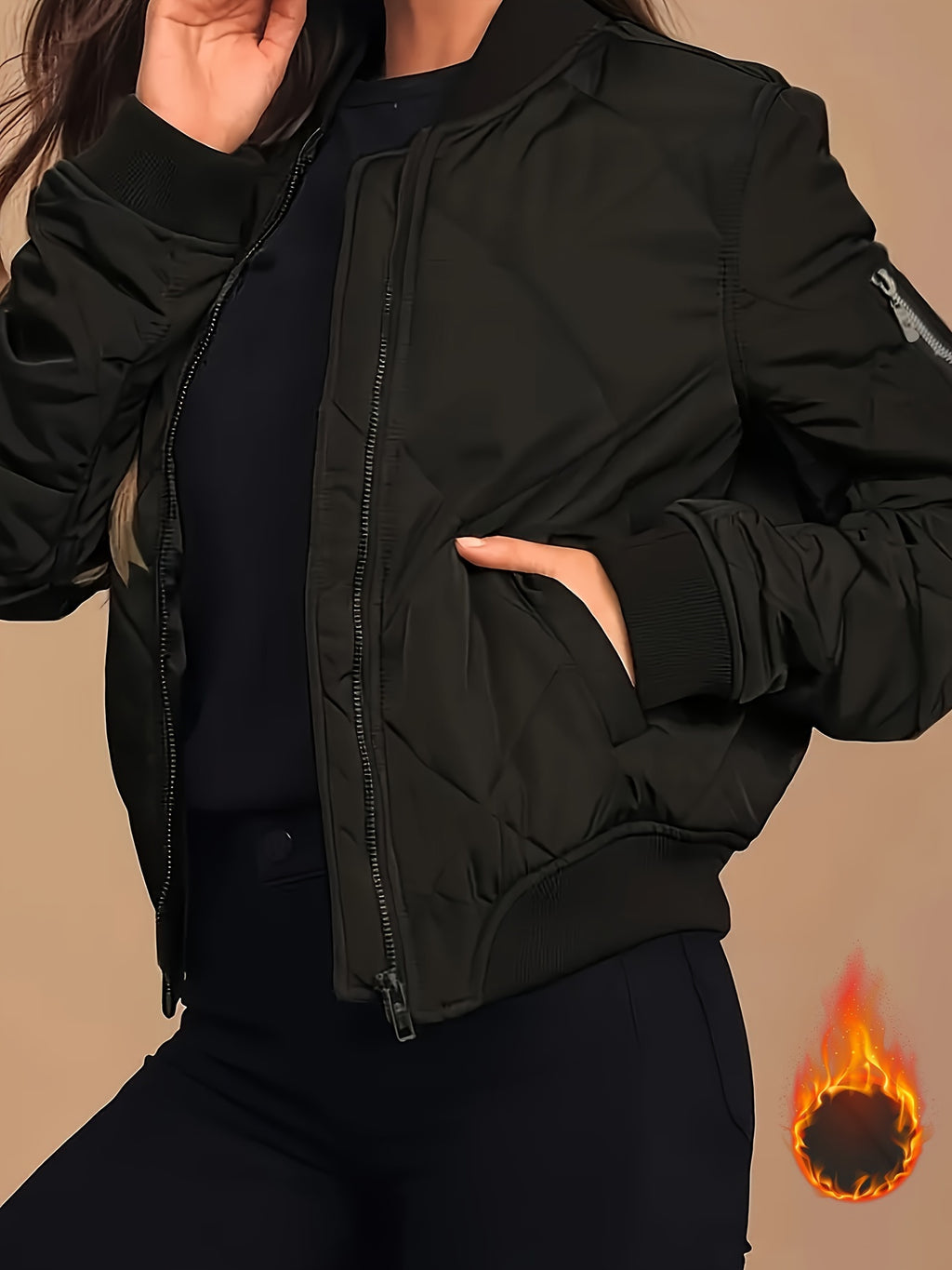 Casaco acolchoado com fecho, casaco térmico casual de manga comprida com bolsos para outono e inverno, roupa de mulher