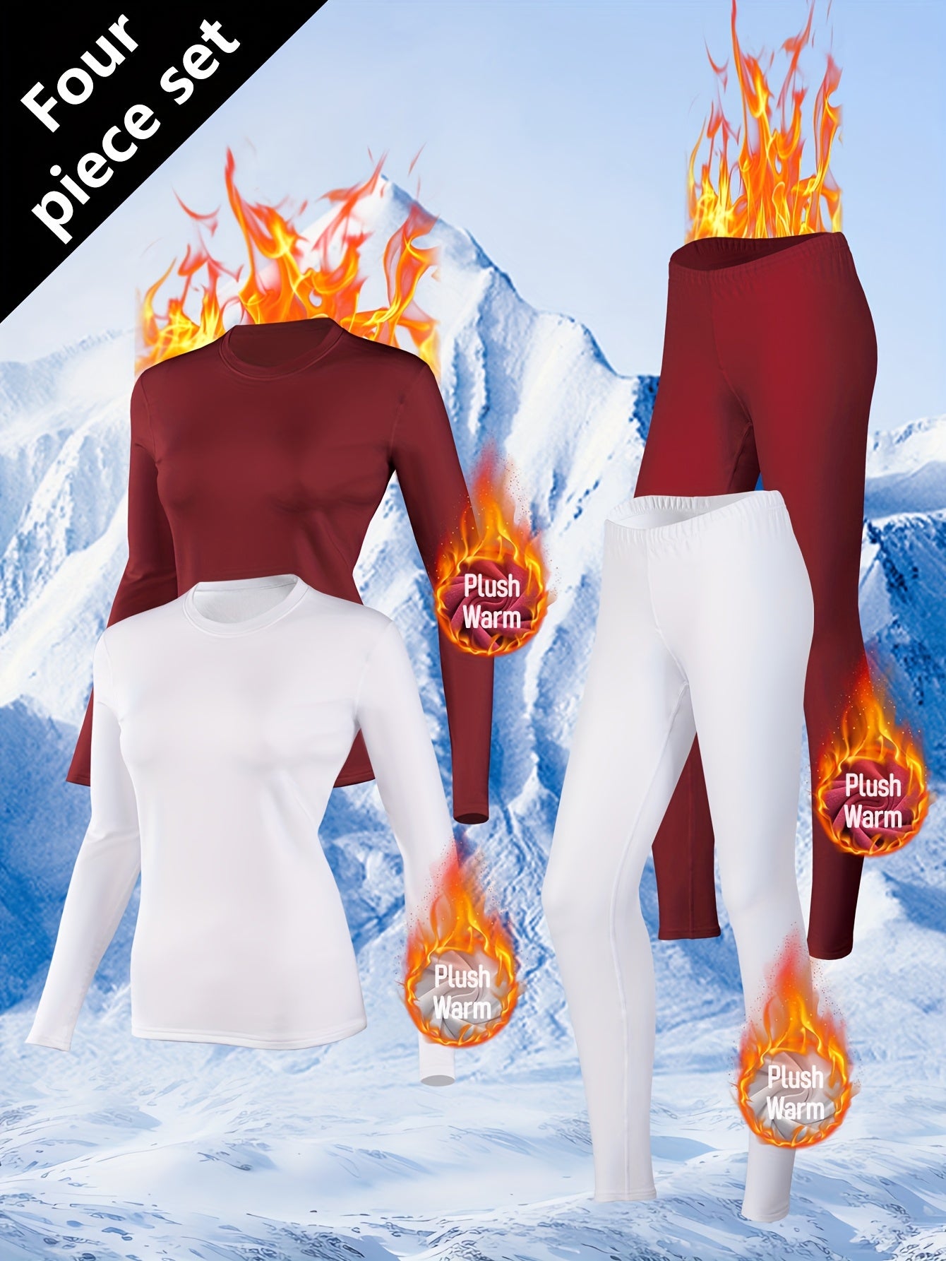 Conjunto de 4 Peças para Mulheres: Roupa Íntima Quente com Forro Polar, Camiseta e Calça Térmica para o Inverno