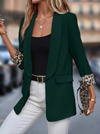 Blazer Elegante Preto para Mulheres Plus Size - Jaqueta com Gola Aberta e Mangas 3329, Lavável à Mão, Corte Versátil para Todas as Estações, Ideal para Uso Casual e Profissional no Escritório | Tecido Sem Elasticidade