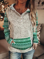 Moletom Feminino Estilo Bohemian Ocidental com Capuz - Blusa Casual de Botões Retro, Cinza e Azul para Todas as Estações, Lavável na Máquina, Conforto Diário, Tecido Texturizado, Chic Rústico