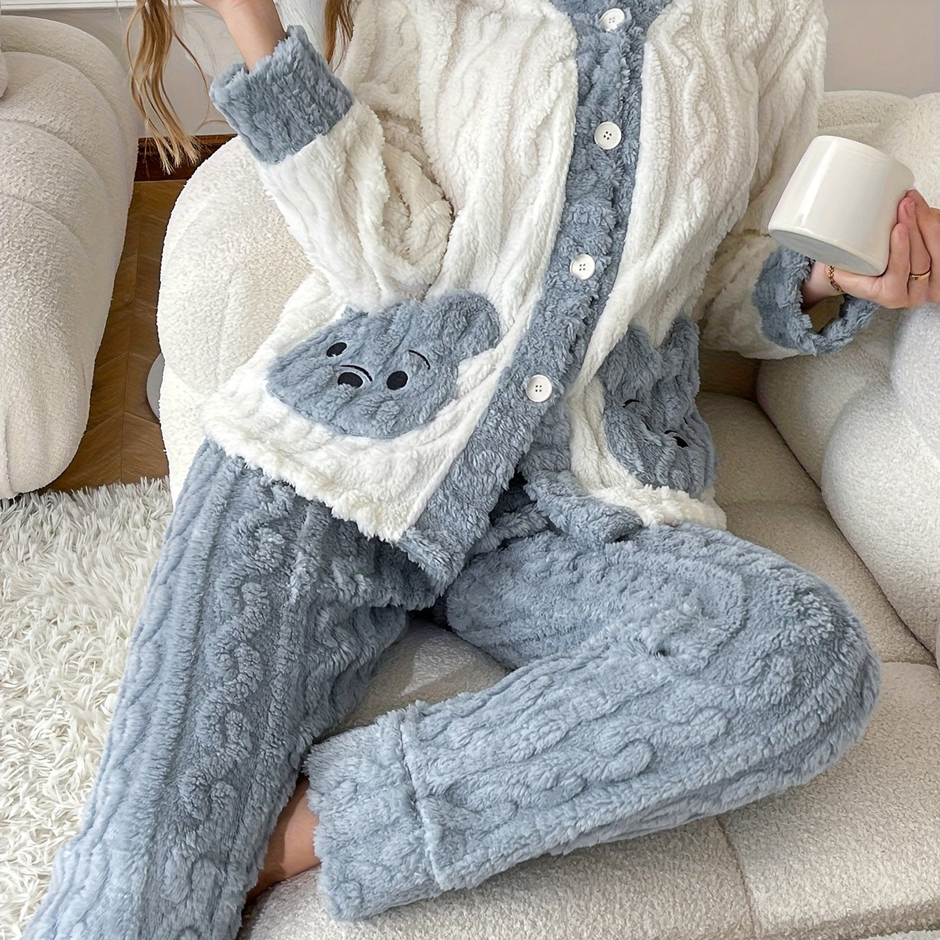 Elegant Kangaroo Pocket Embroidered Pajama Set