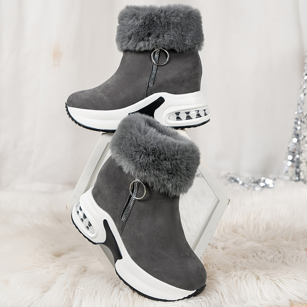 Botas de Plataforma MZMQS para Mulheres com Fecho de Zíper - Sola Grossa Antiderrapante em PU, Sapatos Quentes para o Inverno - Botas Pretas para Looks Casuais e Formais, Aumento Confortável de Altura, Design com Babado Peludo, Calçados Duráveis e Forrados a Lã, Moda Feminina