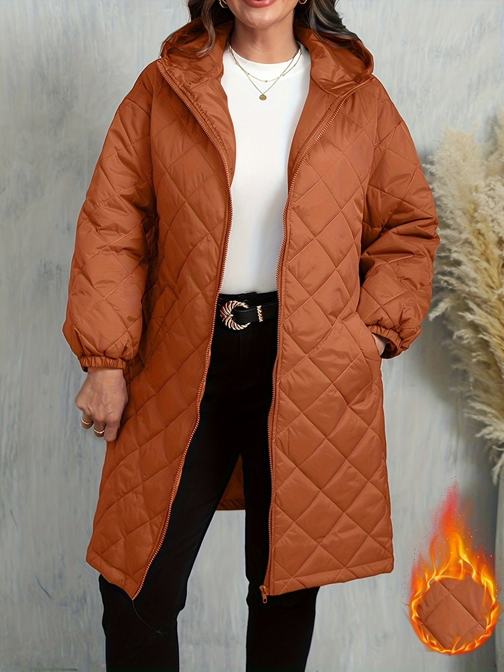 Jaqueta elegante com capuz e forro em cor púrpura para mulheres - Fecho de correr, manga comprida, tecido não elástico com bolsos, ideal para outono/inverno, roupa casual de inverno|Design acolchoado|Jaqueta com fecho de correr