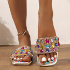 Sandálias Femininas Coloridas com Strass - Elegantes Sandálias de Dedo Aberto para o Verão com Design de Pedras Preciosas Vibrantes, Chinelos Casuais Confortáveis para Festas e Eventos ao Ar Livre, Calçados de Praia | Sandálias Vibrantes | Decorações com Pedras Preciosas, Sandálias Femininas