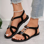 Sandálias rasas decoradas com strass para mulheres, sapatos de verão de bico aberto na moda, sandálias leves com tira no tornozelo