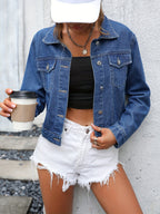 Casacos de ganga de mangas compridas azuis, jaquetas de ganga com lapela cortada e bolsos com aba de botão único, roupas de ganga feminina