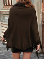 1pc Casaco Cardigan Poncho de Mulher com Gola de Pelo Sintético e Mangas Morcego | Cor Sólida com Borlas, Acabamento de Pelo Fofinho, Estilo Europeu Elegante, Casaco de Camisola Quente para Outono/Inverno, 70% Acrílico 30%, Lavar à Mão, Ideal para Deslocações e Uso Doméstico