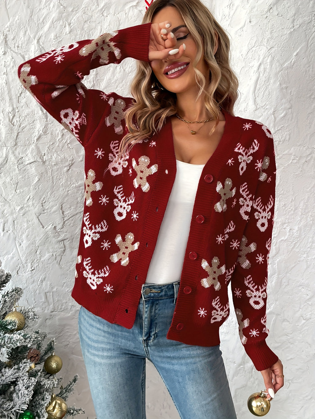 Suéter Feminino Fan Flo de Natal com Rena e Flocos de Neve - Decote em V com Botões, Manga Longa Canelada, Lavável à Máquina, Pulôver Casual Elegante para Festas de Inverno, Padrão Festivo, Tecido Durável, Elasticidade Média