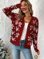 Suéter Feminino Fan Flo de Natal com Rena e Flocos de Neve - Decote em V com Botões, Manga Longa Canelada, Lavável à Máquina, Pulôver Casual Elegante para Festas de Inverno, Padrão Festivo, Tecido Durável, Elasticidade Média