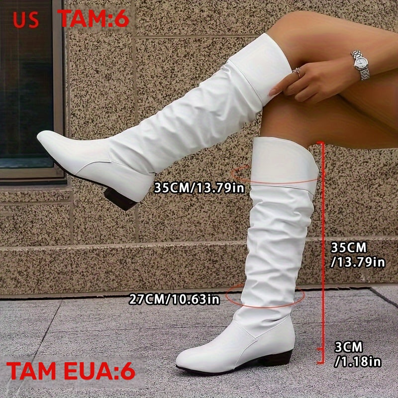Botas longas plissadas em tamanho grande para mulheres, de cor sólida, fáceis de calçar, com bico redondo, salto médio bloco, forradas em flanela, parte superior em PU e sola de borracha.