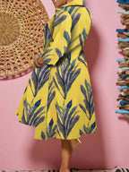 Vestido estampado de folhas com meio botão, vestido casual trapézio de manga 3/4 para primavera e outono, roupa de mulher