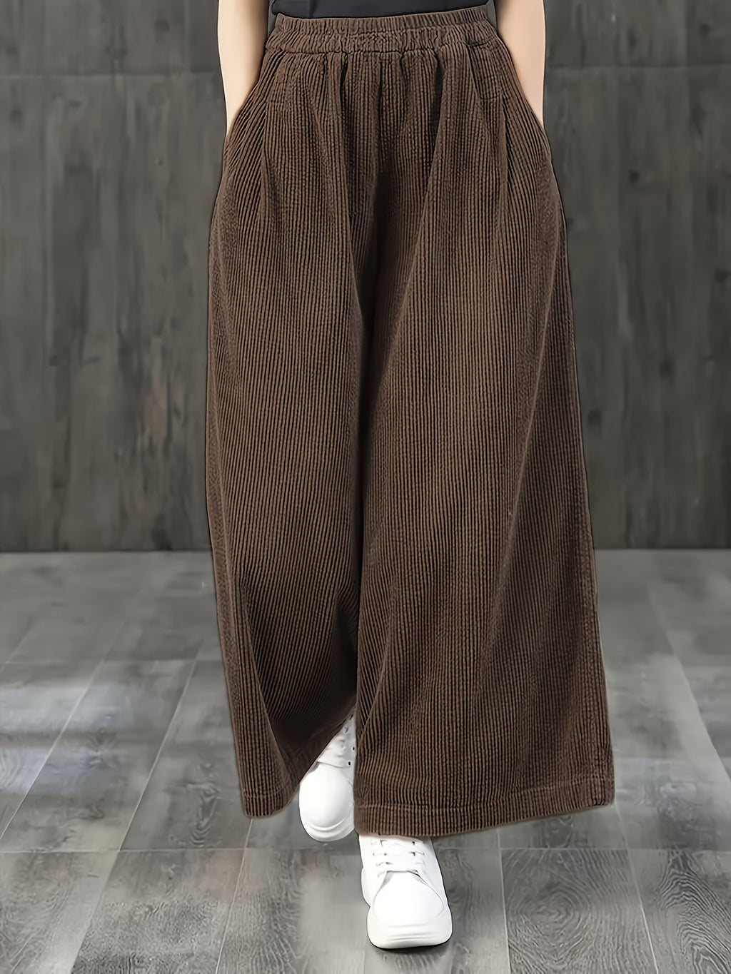 Calças de Bombazine de Perna Larga para Mulher - Calças Casuais de Cintura Elástica com Bolsos, Calças Compridas de Corte Solto para Looks Diários e Formais - Calças Confortáveis para Mulher em Todas as Estações