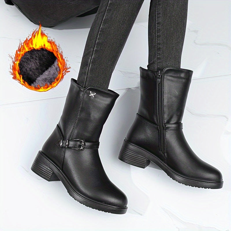 Botas Femininas de Cano Médio, Botinhas Curtas Forradas com Pelúcia para Aquecimento no Inverno