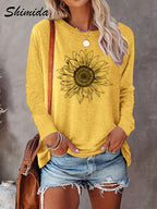 SHIMIDA Camiseta de Manga Longa com Estampa Elegante de Girassol - Blusa de Girassol e Folhas, Gola Redonda para Todas as Estações, Lavável na Máquina, Uso Casual e Sofisticado, Camisa Não Floral para Looks o Ano Todo (Compatível com prova virtual)