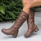 Botas de cavaleiro para mulheres - Botas de cano alto com plataforma grossa, cobertura de imitação para todas as estações, botas de cowboy para uso diário e formal - Tamanhos estendidos disponíveis - Sola de borracha antiderrapante fácil de limpar - Calçado de moda europeu/americanas, botas de cowgirl, calçado versátil, design de bique redondo, construção durável, uso casual, forro confortável, uso de escritório, calçado elegante, lavável à mão, escolha de botas fabulosas, bique, calçado acess