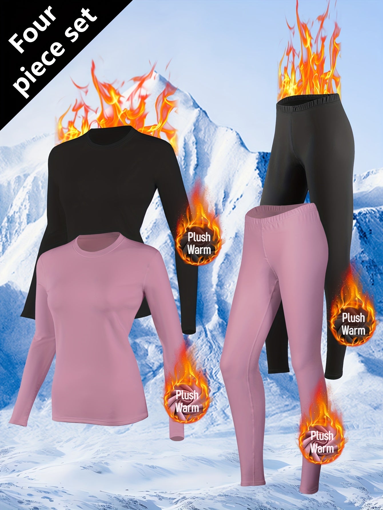 Conjunto de 4 Peças para Mulheres: Roupa Íntima Quente com Forro Polar, Camiseta e Calça Térmica para o Inverno