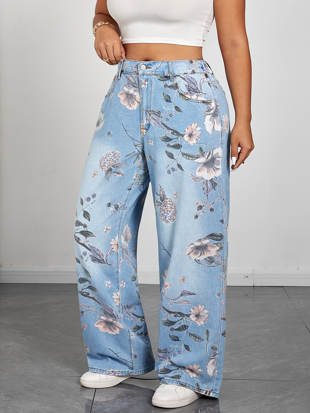 Calças Jeans Femininas com Estampa Floral - Calças de Perna Larga e Elásticas Não Transparentes com Fechamento de Botão, Jeans para Todas as Estações, Tamanho Plus Size, Confortáveis para Looks Casuais e Formais, Elasticidade Média