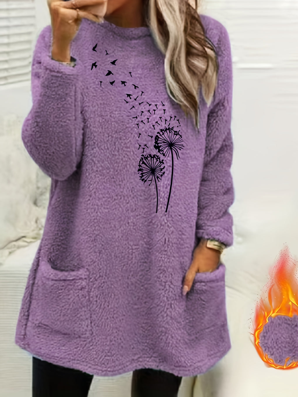 Camisola de Manga Comprida para Mulher com Forro de Lã Aconchegante e Estampado de Dente-de-Leão - Suave, Elástica e Casual para o Outono/Inverno, Laranja, Gola Redonda, Corte Normal, Roupa Casual|Top com Estampado de Dente-de-Leão|Tecido Elástico, Camisola e Camisola de Malha para Mulher, Camisola de Mulher, Camisolas de Mulher, Camisolas de Mulher Outono, roupa mulher inverno, camisolas mulher outono, camisola mulher outono