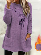 Camisola de Manga Comprida para Mulher com Forro de Lã Aconchegante e Estampado de Dente-de-Leão - Suave, Elástica e Casual para o Outono/Inverno, Laranja, Gola Redonda, Corte Normal, Roupa Casual|Top com Estampado de Dente-de-Leão|Tecido Elástico, Camisola e Camisola de Malha para Mulher, Camisola de Mulher, Camisolas de Mulher, Camisolas de Mulher Outono, roupa mulher inverno, camisolas mulher outono, camisola mulher outono