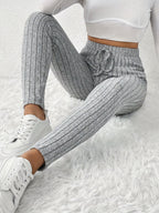 Leggings de cintura alta em cor sólida com cordão falso, com nervuras, Skinny Casual Stretchy Leggings para uso diário, Roupa de mulher