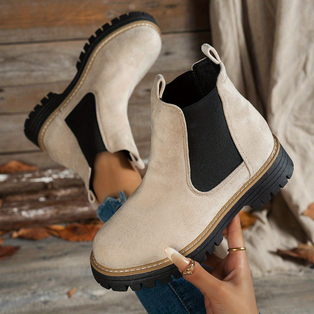 Botins de Salto Alto com Plataforma Grossa para Mulher com Salto de Plataforma Espessa - Sola Antiderrapante, Biqueira Redonda e Forro, Botas Casuais para Todas as Estações em Castanho, Versátil para Jeans e Vestidos, Botas Grossas, Botas Elegantes, Moda Mulher