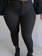 Jeans Justos Pretos Casuais de Tamanho Grande para Mulher