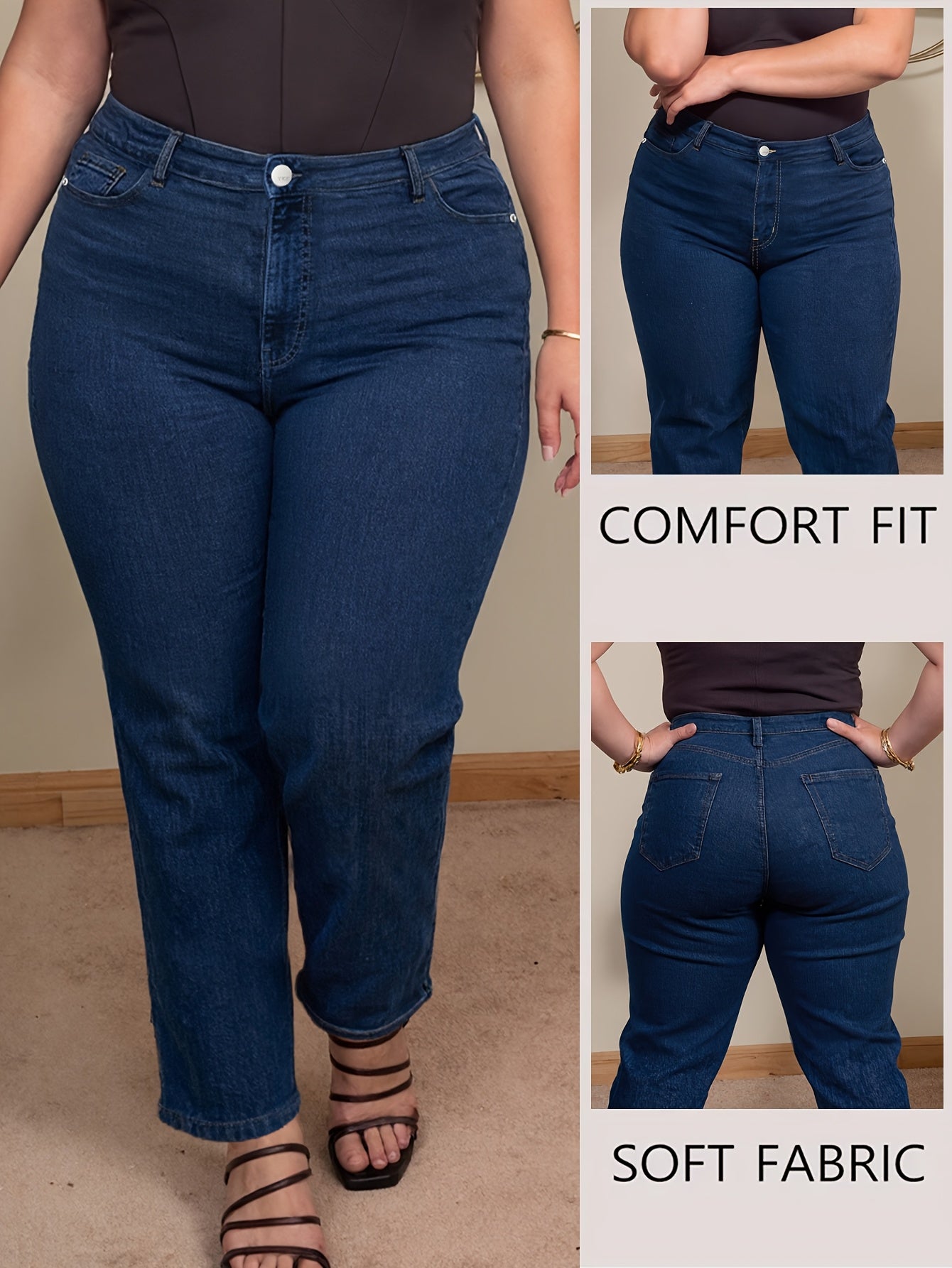 Jeans de Cintura Subida Elásticos de Perna Reta Plus Size para Mulher | Ganga Azul Confortável e Casual para Usar em Todas as Estações