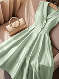 Vestido sem mangas em verde menta para mulher - Elegante, ajustado, com botões e cinto, perfeito para primavera, verão, outono, deslocações, festas, trabalho, casual e férias, atitude casual|Vestido de decote em V|Ajuste elegante
