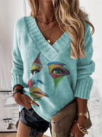 Blusa Casual de Gola V com Estampa em Contraste e Tecido Solto em Estoque