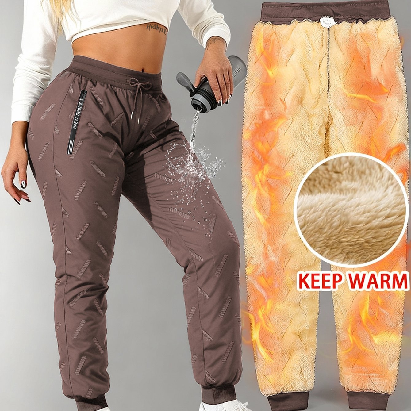 Women's Winter Fleece-Lined Wide-Leg Pants with Zipper Pockets