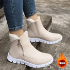 Botas de Inverno Femininas Aconchegantes com Forro de Fleece - Cano Curto, Solado Grosso, Zíper Lateral, Detalhe de Estrela, Bico Redondo Casual, Bege, Para Clima Frio, Botas de Inverno, Solado Grosso, Botas Curtas, Botas para Clima Frio