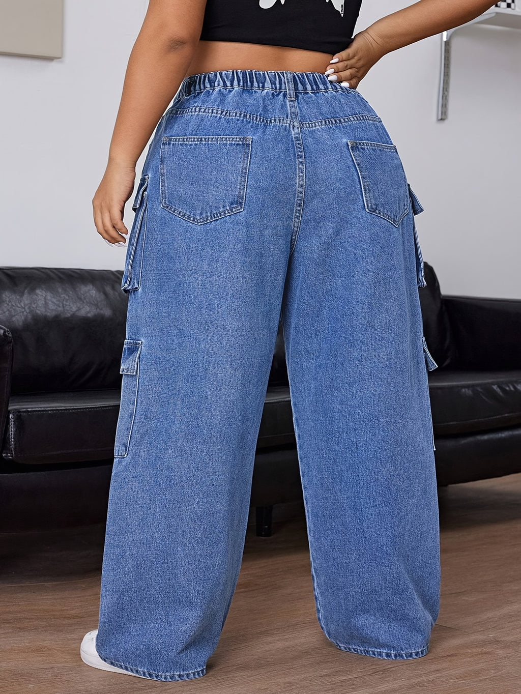 Jeans de Ganga Reta com Cintura Média, Elásticos e Múltiplos Bolsos para Mulheres