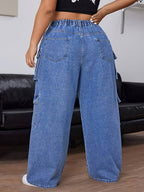 Jeans de Ganga Reta com Cintura Média, Elásticos e Múltiplos Bolsos para Mulheres