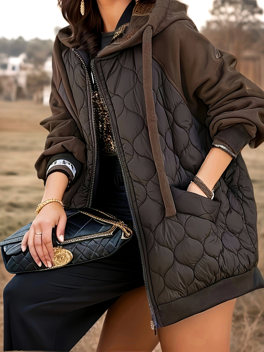 Casaco Elegante com Capuz | Outono/Inverno, Tecido Sem Elasticidade, Padrão de Escamas de Peixe, Manga Regular, Fecho de Zíper, Corte Larga