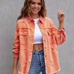 Boho-Chic Oversized Denim Jacket with Distressed Details