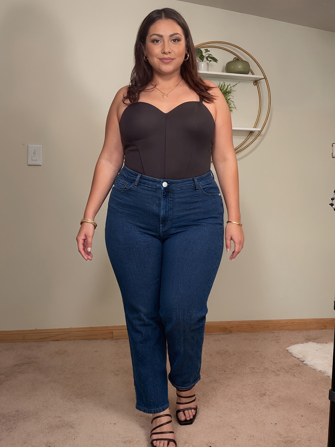 Jeans de Cintura Subida Elásticos de Perna Reta Plus Size para Mulher | Ganga Azul Confortável e Casual para Usar em Todas as Estações