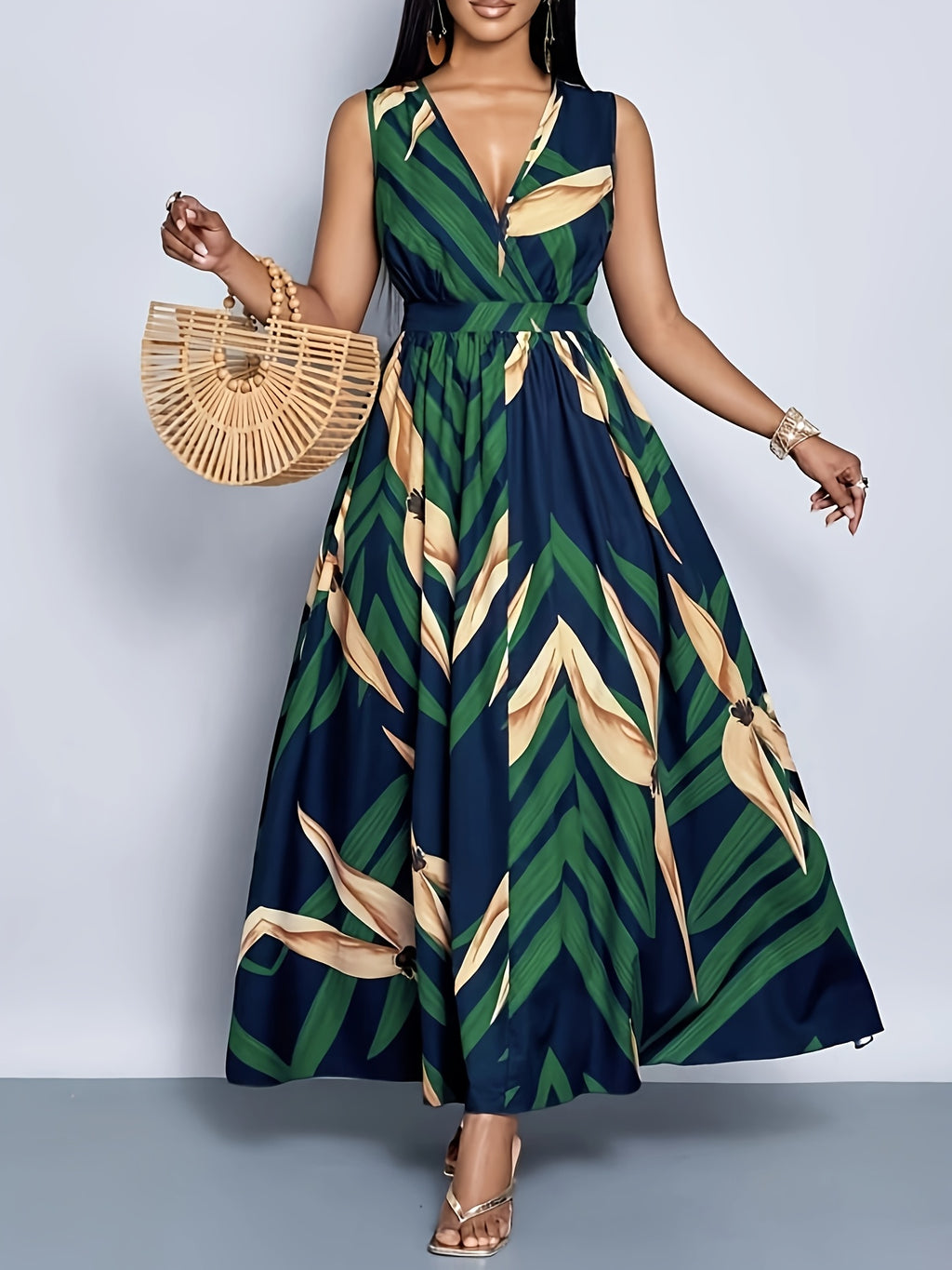 Vestido Maxi A-Line com Estampa Tropical de Palmeira - Azul Marinho e Turquesa Manga Sino, Cintura Curta & Comprimento Fluído para Casamentos na Praia, Festas Eventos Verão - Lavável à Máquina Elegante no Espirito Resort