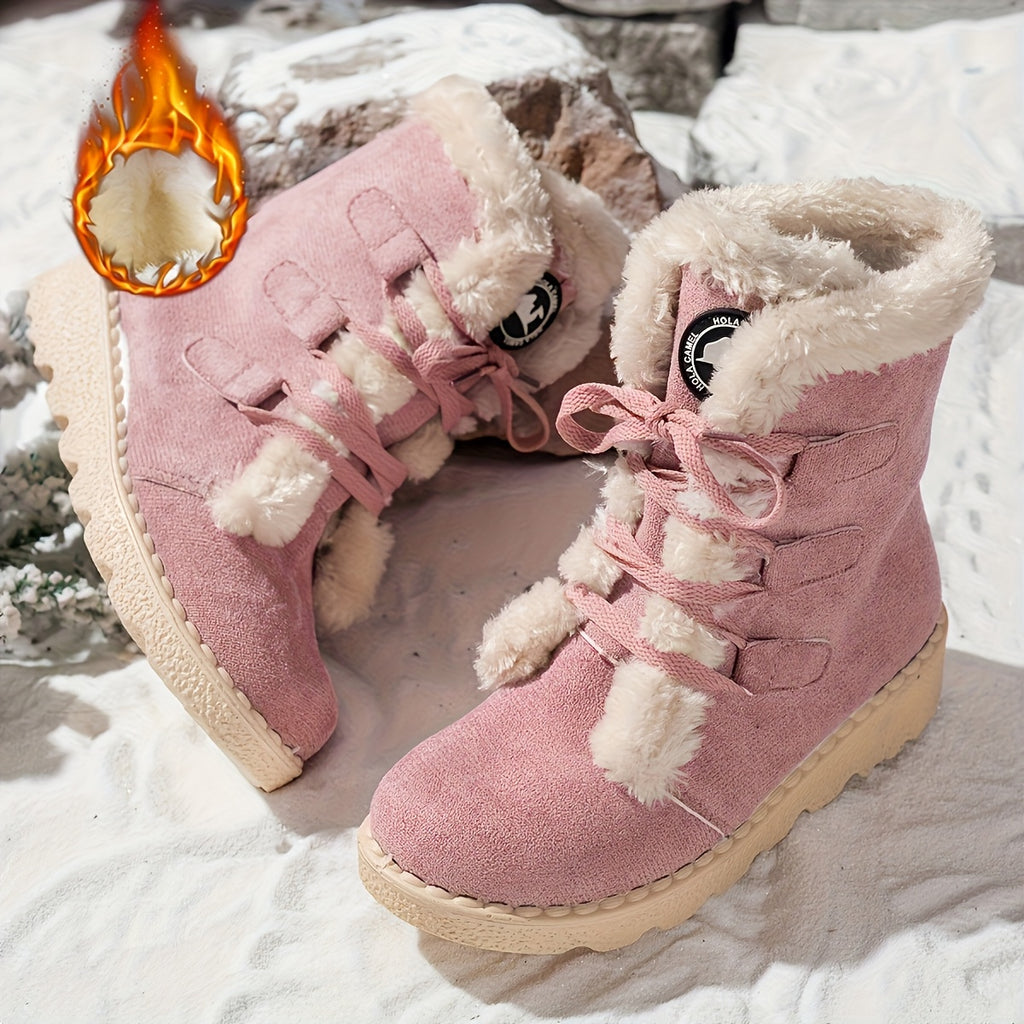 Botas de Inverno Femininas - Botas de Neve de Cano Médio com Fecho de Cordões, Sola de Borracha Antiderrapante, Parte Superior em Tecido Quente - Castanho - Palmilha Acolchoada - Sapatos para Clima Frio para Senhoras, Botas de Inverno Femininas, Interior Forrado a Pelúcia