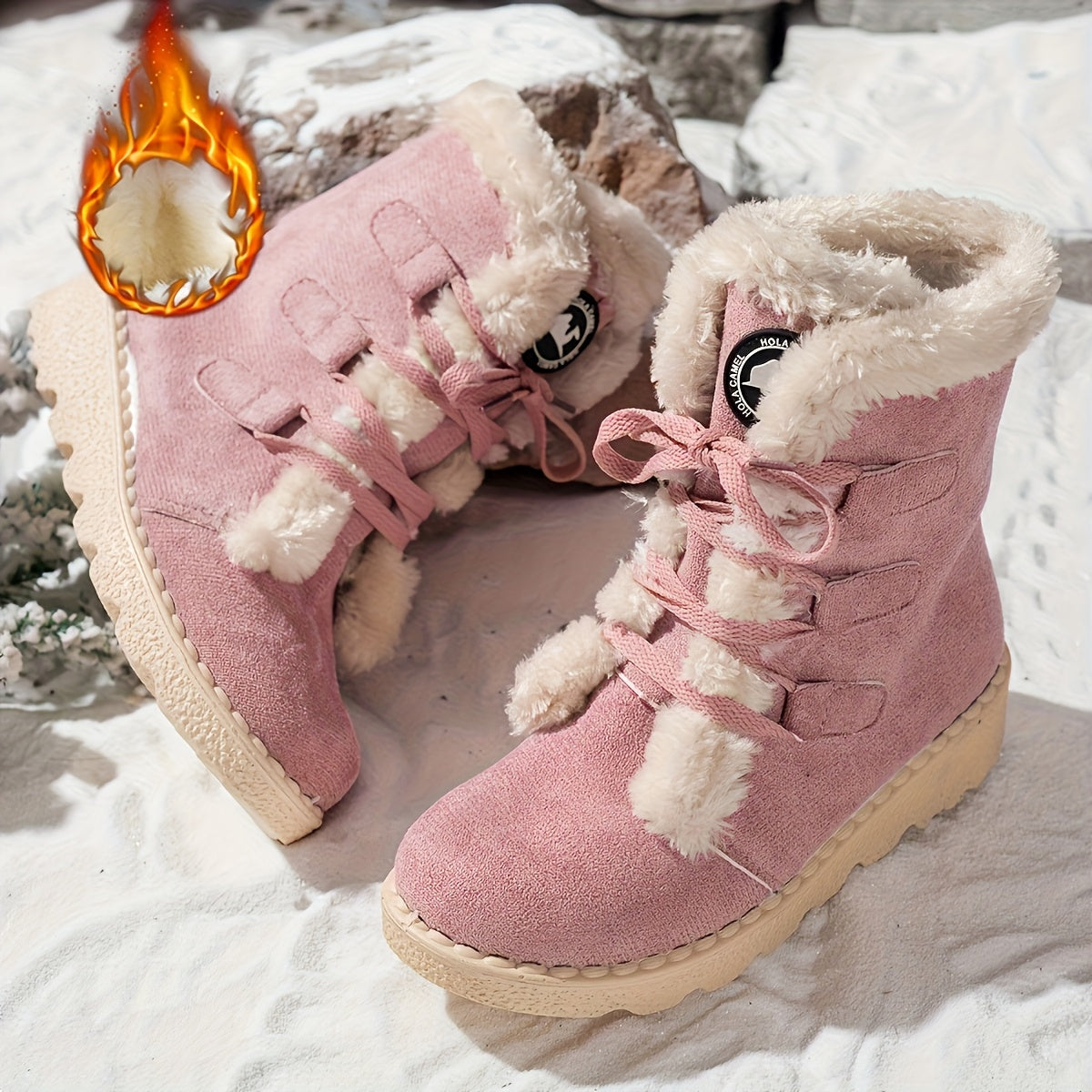 Botas de Inverno Femininas - Botas de Neve de Cano Médio com Fecho de Cordões, Sola de Borracha Antiderrapante, Parte Superior em Tecido Quente - Castanho - Palmilha Acolchoada - Sapatos para Clima Frio para Senhoras, Botas de Inverno Femininas, Interior Forrado a Pelúcia