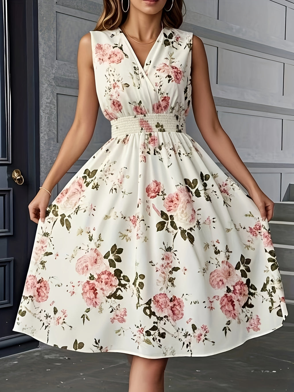 Vestido Feminino Elegante Decote em V Curto a Médio Comprimento A-Line - Sem Mangas, Cintura Smock, Estampa Floral Vermelho e Verde, Lavável à Máquina, Primavera Verão, Convidada de Casamento, Festa, Vestido Semi-Transparente para Mulheres