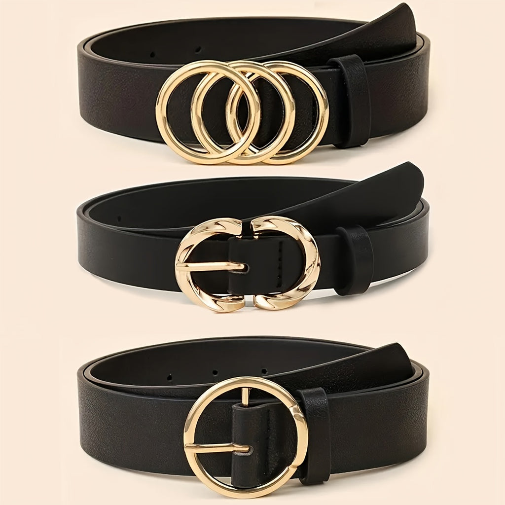 Um conjunto de três cintos minimalistas e elegantes para mulheres, cintos clássicos para jeans e vestidos, com um design que inclui três, dois e um fecho de metal, cintos de cor sólida elegantes, perfeitos para acessórios de cintura no dia a dia.