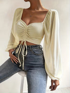 Top Curto Com Cordão E Decote Em Coração, Blusa Casual Ilusão Com Manga Lanterna Para Primavera E Outono, Roupas Femininas