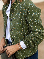 Tamanho Grande - Casaco Elegante com Estampado Floral para Mulheres Plus Size | Manga Comprida, Bolsos Duplos, Sem Gola, Carcela com Fecho de Zíper, Tecido Sem Elasticidade, Adequado para Outono/Inverno