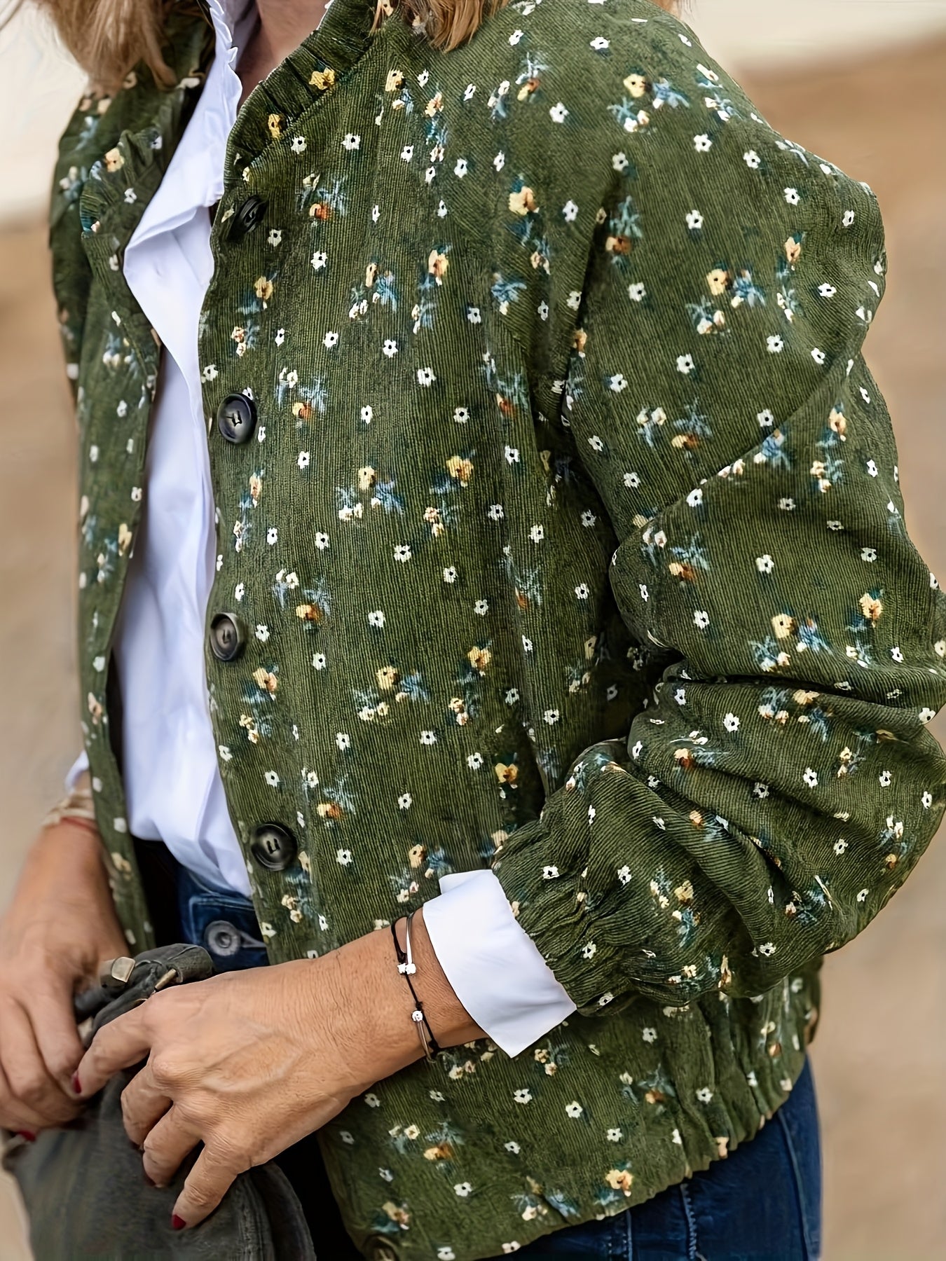 Tamanho Grande - Casaco Elegante com Estampado Floral para Mulheres Plus Size | Manga Comprida, Bolsos Duplos, Sem Gola, Carcela com Fecho de Zíper, Tecido Sem Elasticidade, Adequado para Outono/Inverno