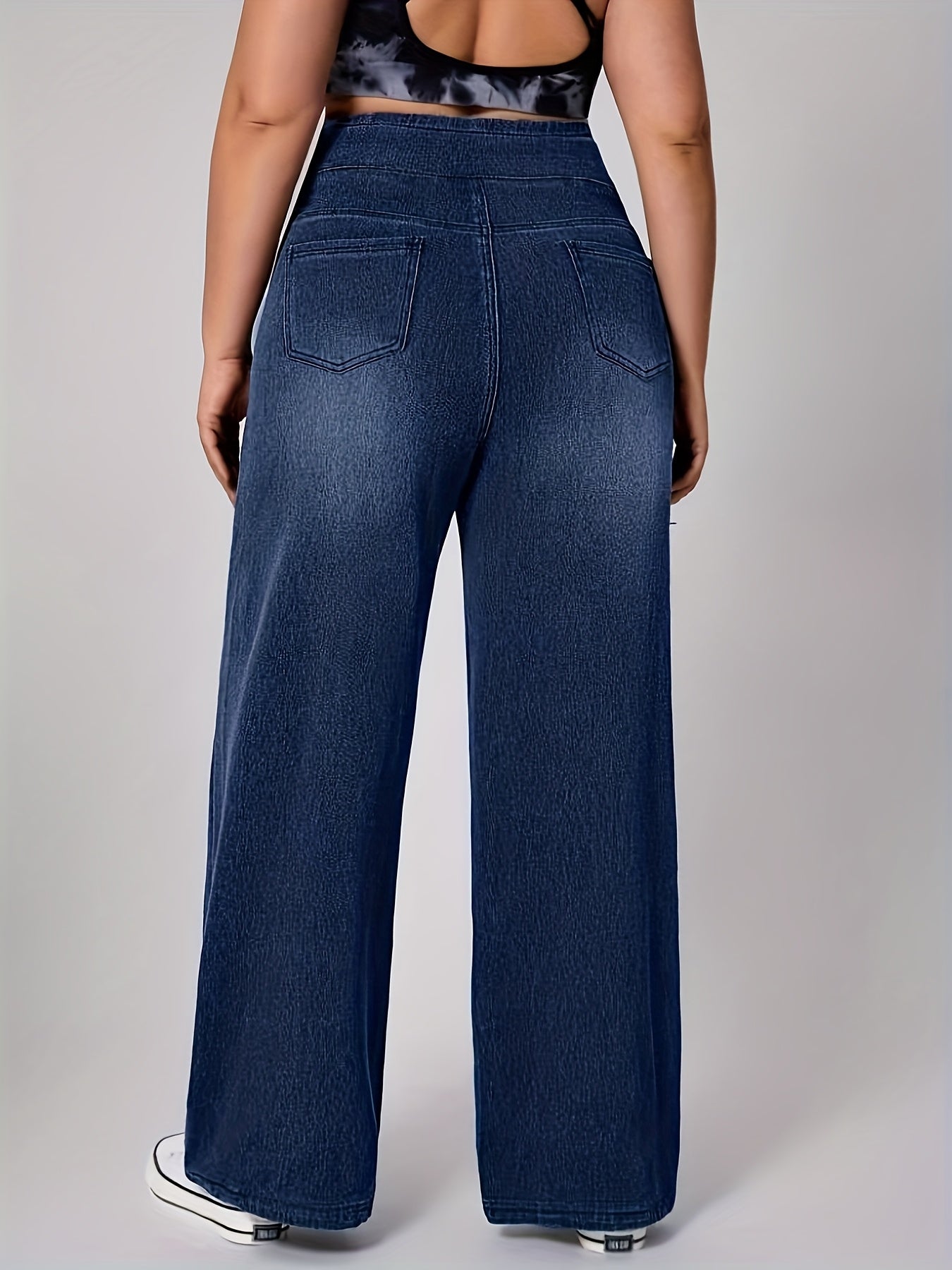 Jeans de ganga elásticos de cintura subida para mulher | Casual, para todas as estações, perna larga, elegantes, com bolsos